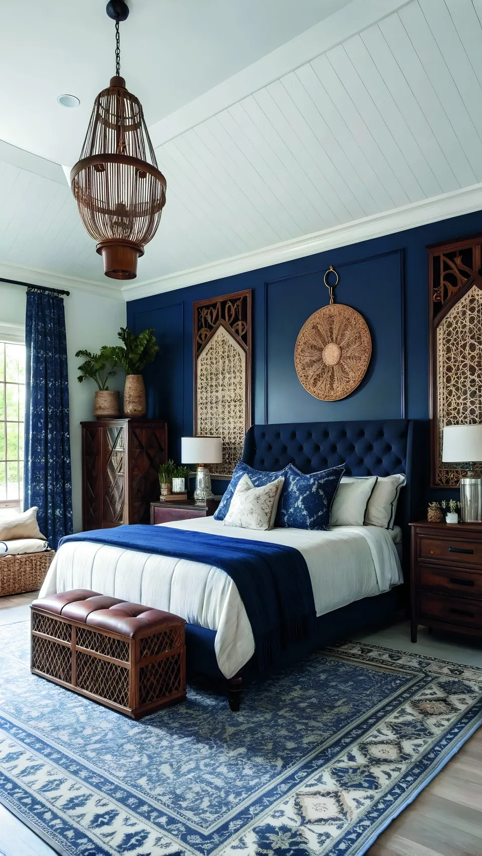 A boho bedroom with an indigo feature wall, a rattan chandelier and patterned rug