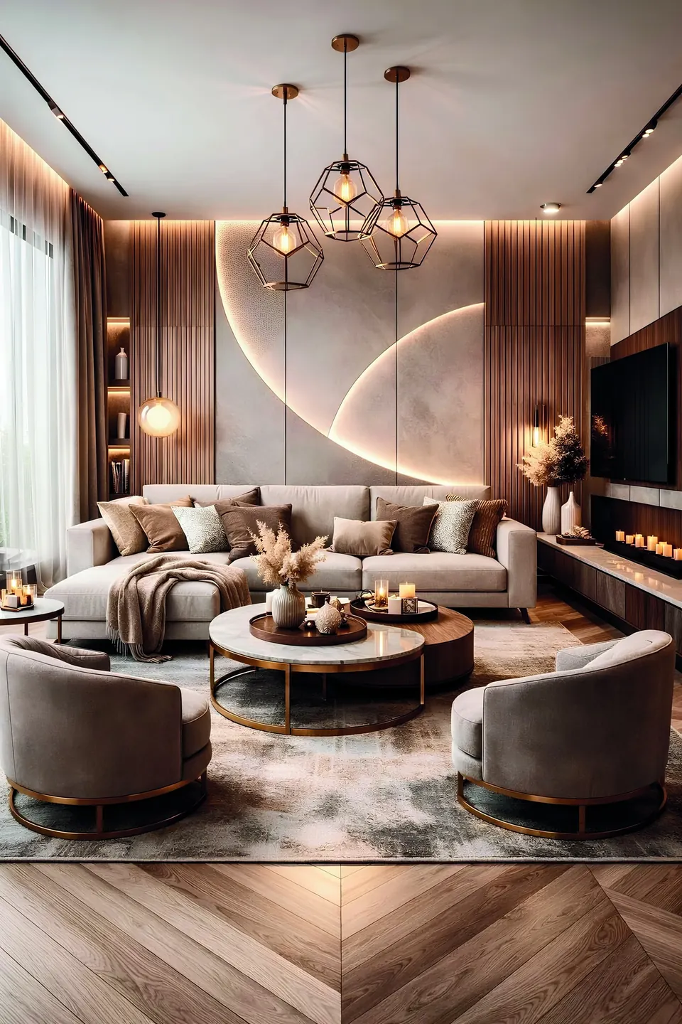 A contemporary living room with a curved ceiling light, pendant cluster and neutral sofas
