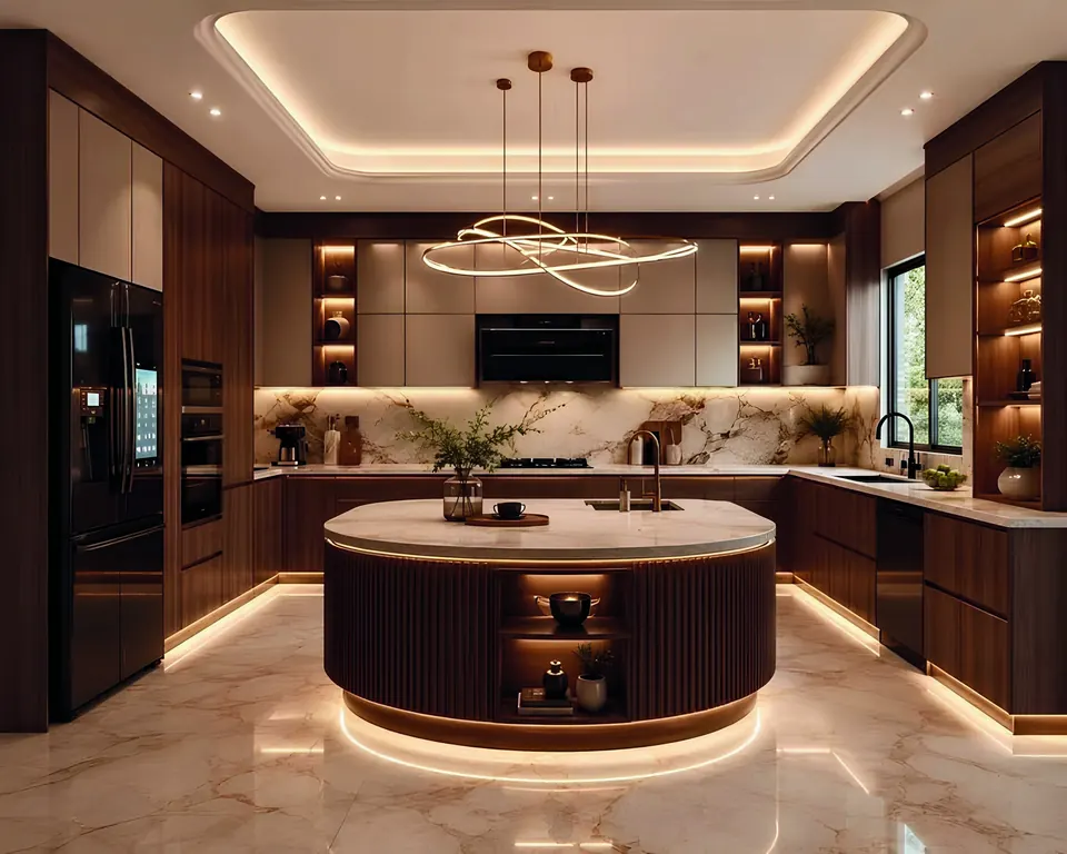An island kitchen with walnut cabinets, a stone backsplash and warm cove lighting