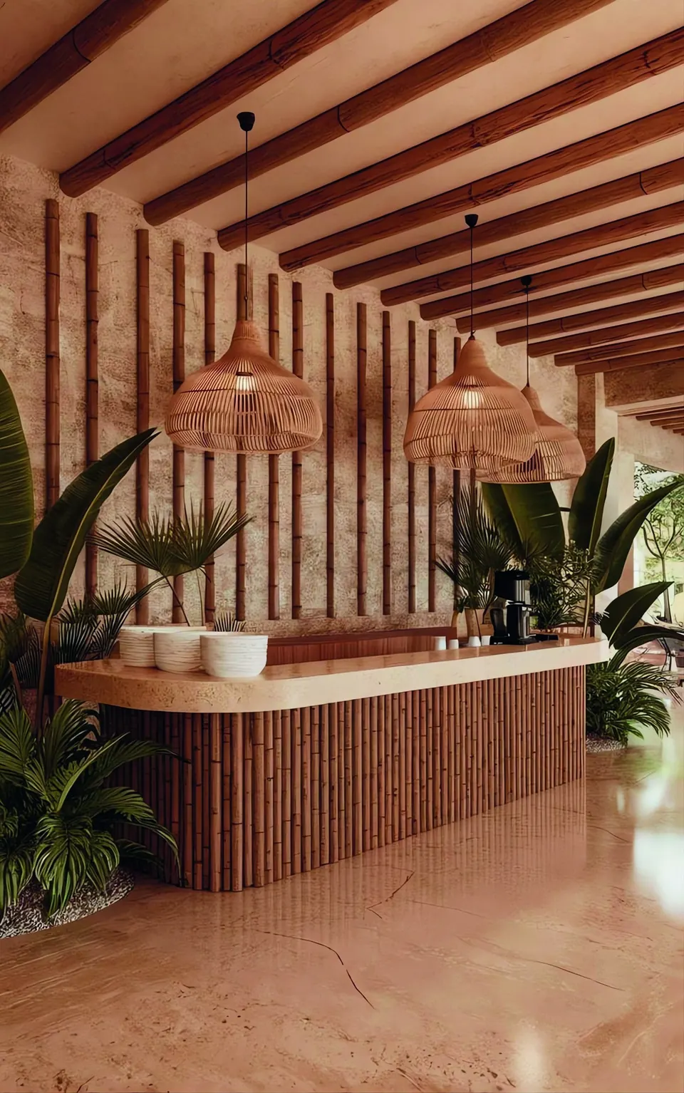 A Mediterranean reception with a rattan-wrapped counter, timber beams and woven pendants