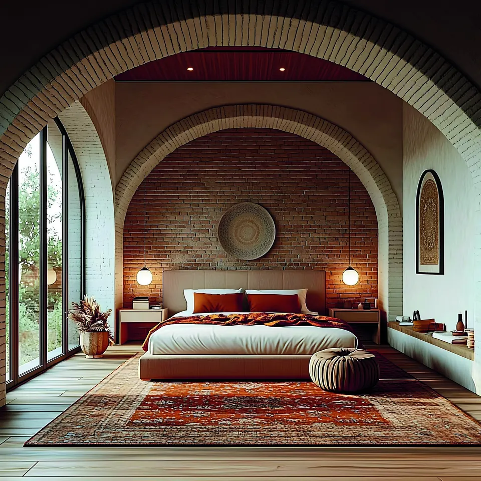 A bedroom framed by a brick arch, with warm lighting and a patterned rug