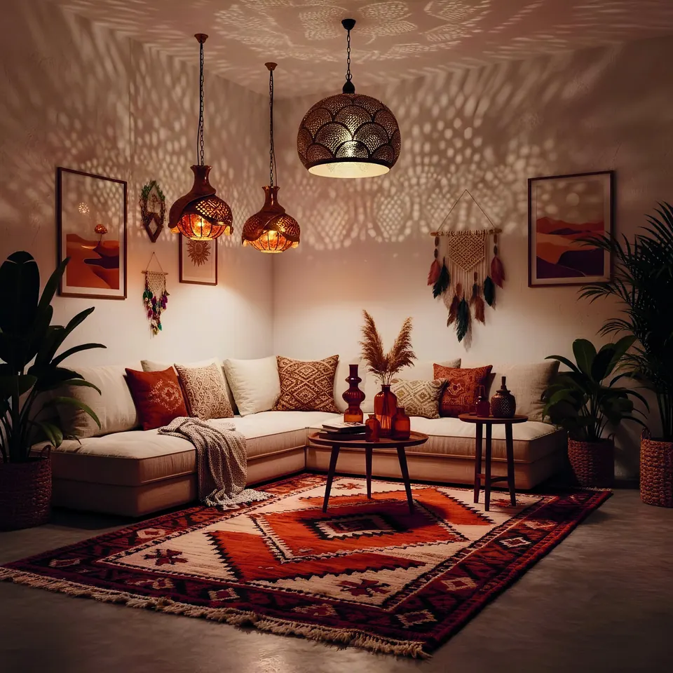 A living room with Moroccan pendant lamps, a low sectional sofa and a geometric rug