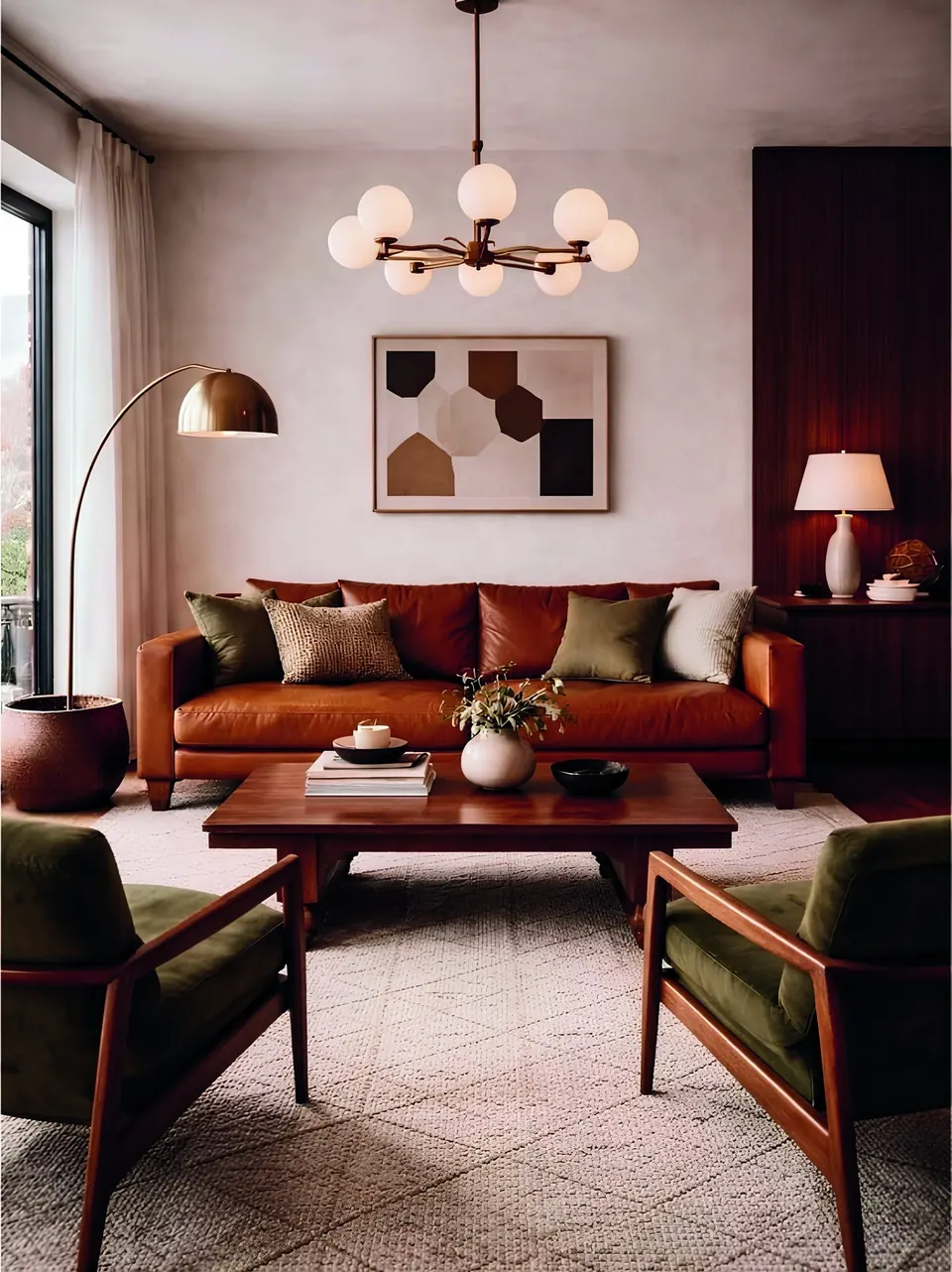 A mid-century lounge with a tan leather sofa, timber armchairs and a globe chandelier