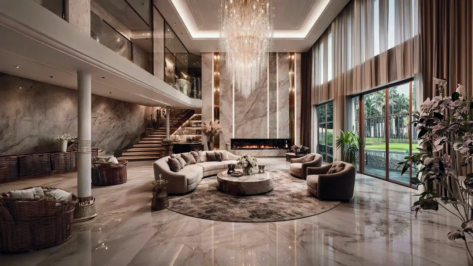 A double-height villa living room with a crystal chandelier and full-height glazing