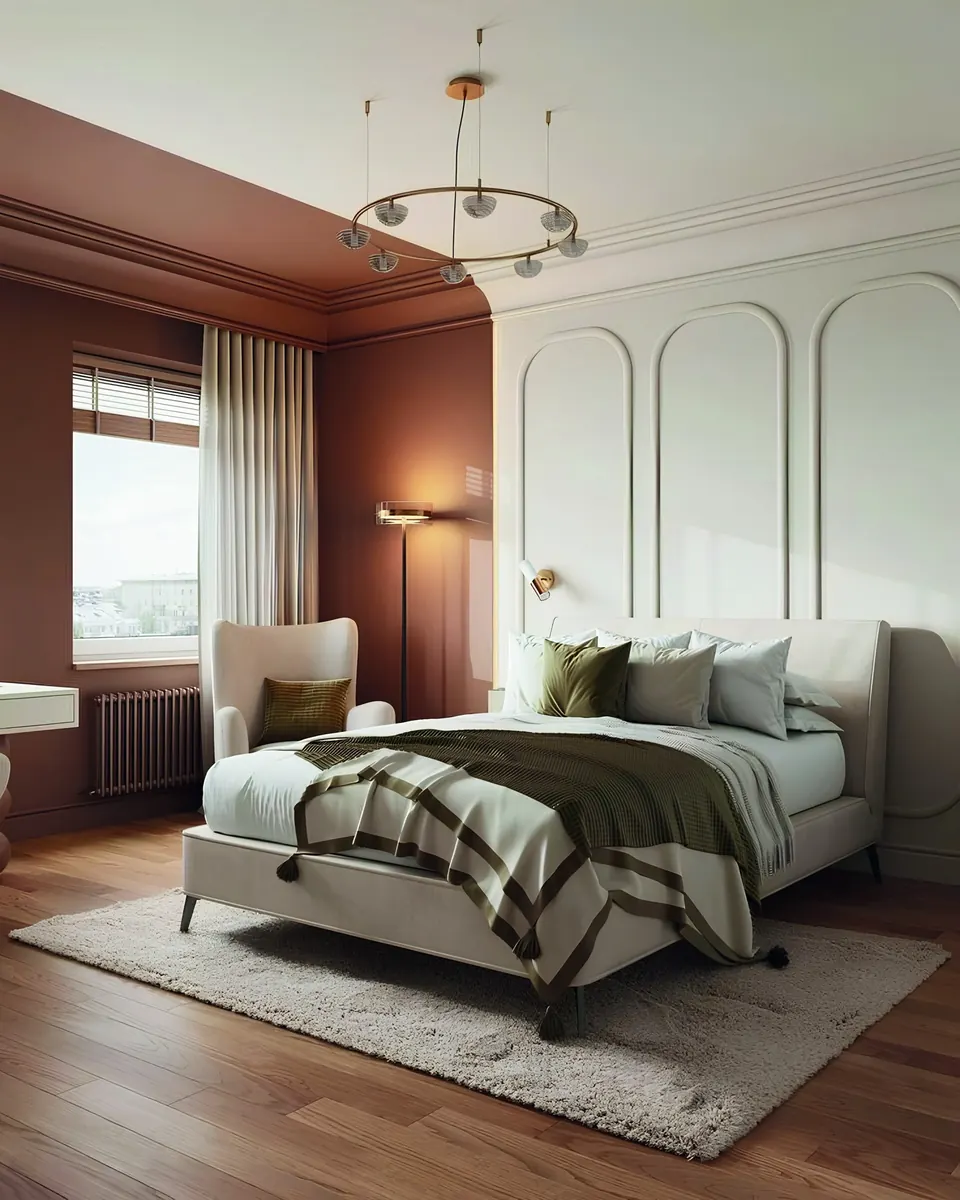 A neoclassical bedroom with panelled walls, a brass ring chandelier and soft neutrals