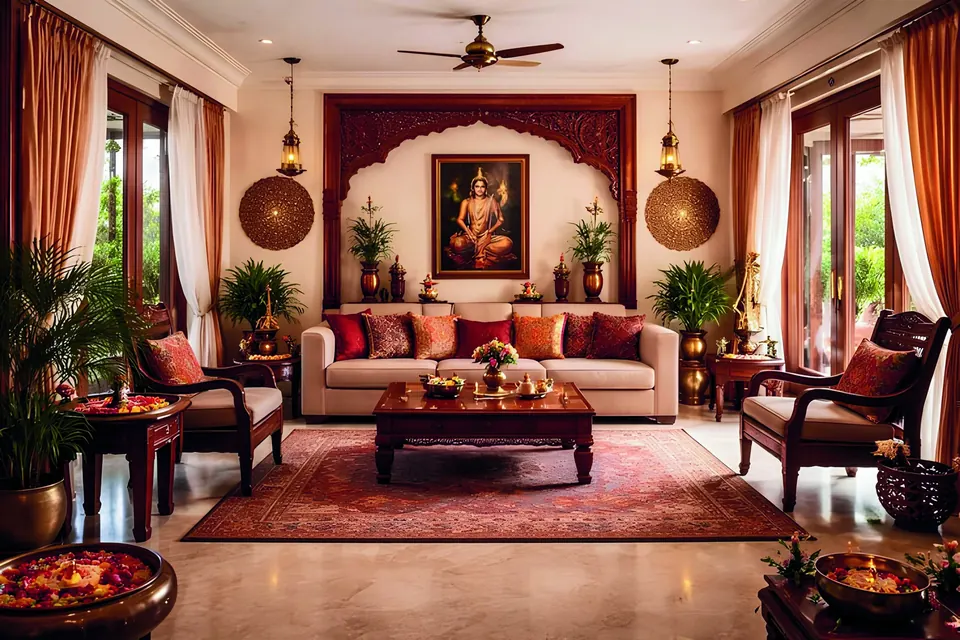 A traditional living room with carved wooden furniture, a framed deity artwork and brass accents