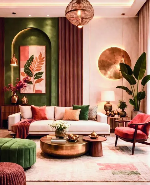 A traditional lounge with an arched green niche, copper accents and velvet seating
